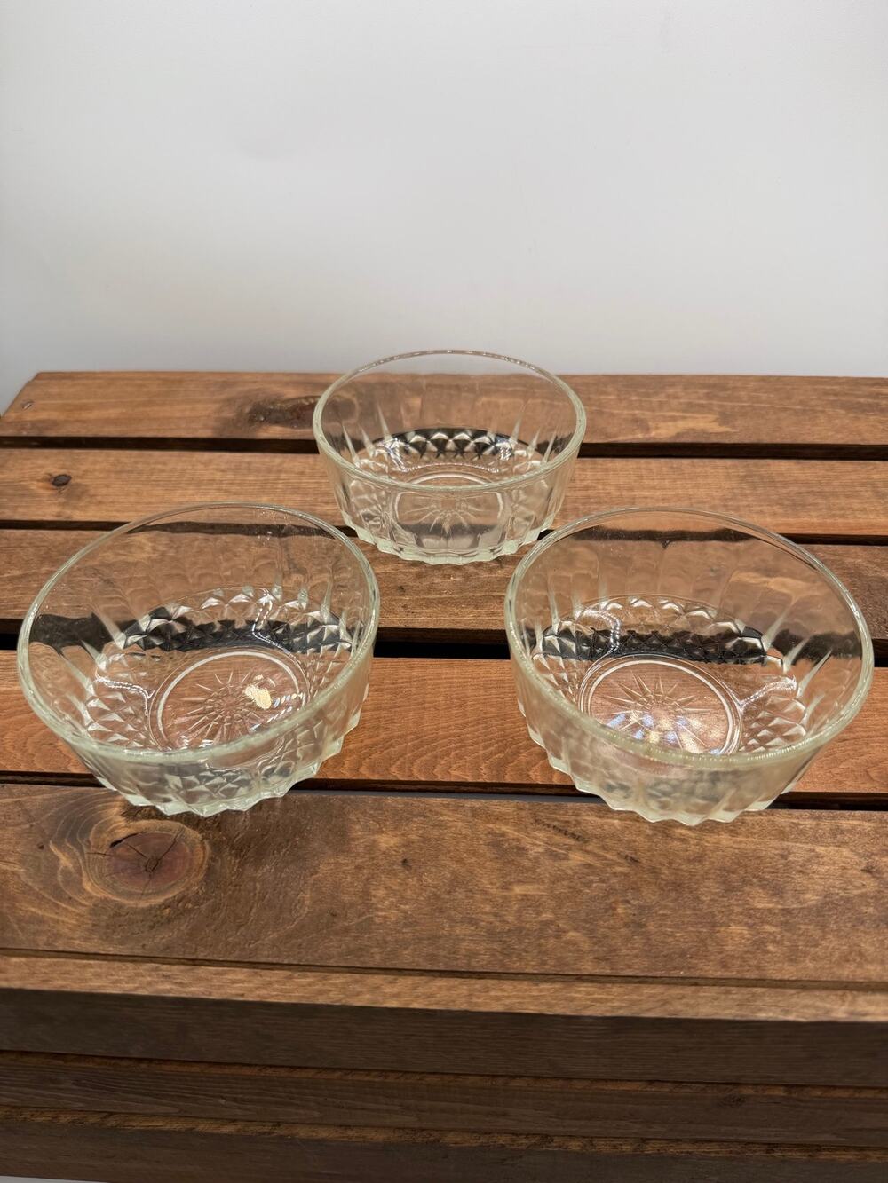 Set of 3 Vintage Clear Pressed Glass Bowls - Starburst Base/ Diamond Cut Pattern